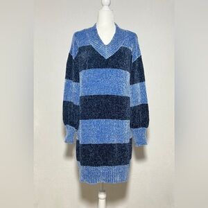 SOLUTIONS! Blue and Black Striped V-neck Chenille Sweater Shift Dress - size M